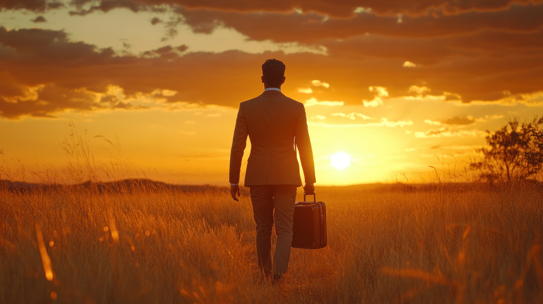 Businessman walking sunset field with suitcase