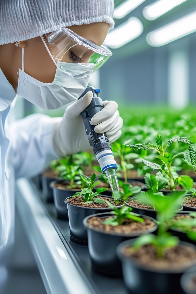 In a contemporary lab, a researcher in protective gear examines crop DNA sequences on a digital display, with rows of test plants visible through glass.
