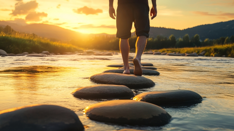 A man crosses river stones at sunset, beginning a meaningful journey of selfdiscovery