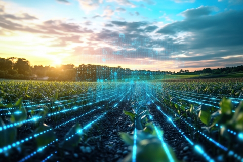 High-tech holographic crop yield data display enhances rural farmland analytics at sunset Generative AI. Innovative holographic data visualizes crop yields over lush farmland, merging modern technology with nature during a vibrant sunset.