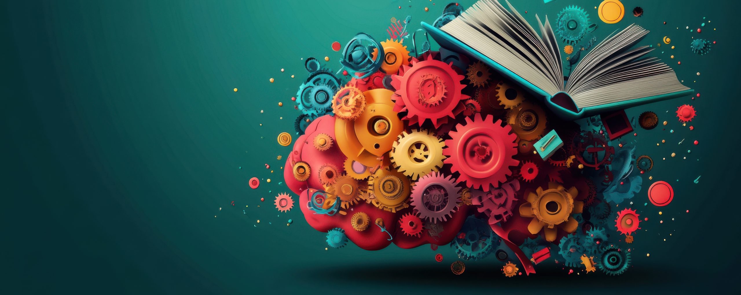A colorful brain composed of vibrant gears, books, and abstract elements symbolizing creativity and knowledge. This image portrays a vivid brain formation made from colorful gears and an open book, representing the fusion of creativity, intelligence, and knowledge. The abstract design highlights the imaginative and innovative aspects of learning.