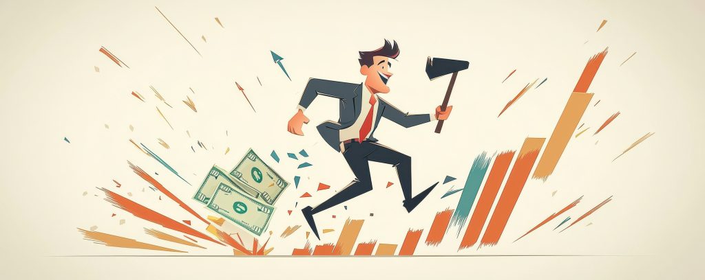 Animated businessman breaking through obstacles with a hammer, symbolizing success, innovation, and financial growth in. A vibrant cartoon-style illustration of an animated businessman energetically breaking through barriers with a hammer. This image represents themes of success, innovation, and financial growth. Perfect for representing ambition and overcoming challenges in a creative manner. AI generated