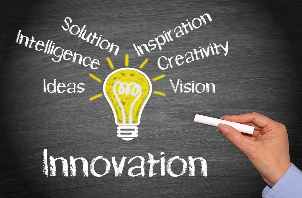 Innovation chalkboard or blackboard with female hand and light bulb and different words related to this topic.