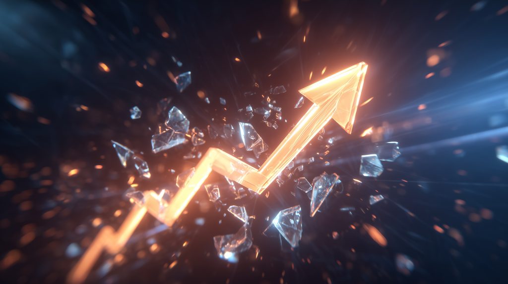Arrow shatters glass ceiling with radiant shards exploding outward. Dark background enhances sense of breakthrough and movement. Concept of technology, innovation, business growth. AI generated